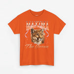 Oranje oversized T-shirt met leeuwenkoningin-print en “The Queen” tekst op de borst