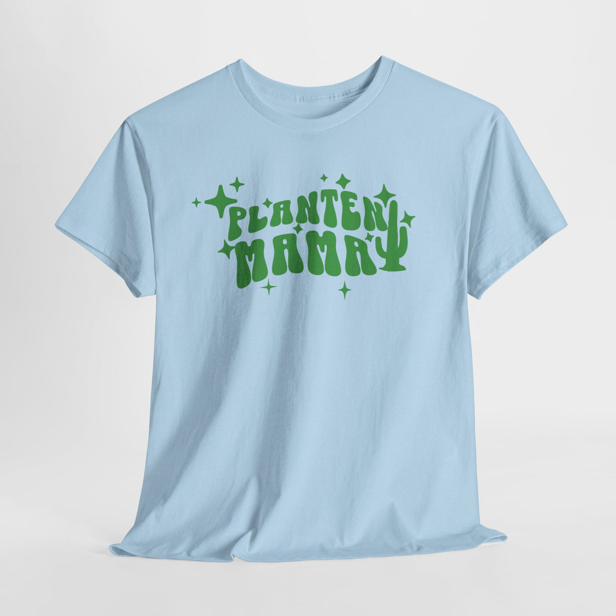 Lichtblauw T-shirt met groene "PLANTEN MAMMA" tekstprint op de borst
