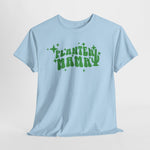 Lichtblauw T-shirt met groene "PLANTEN MAMMA" tekstprint op de borst
