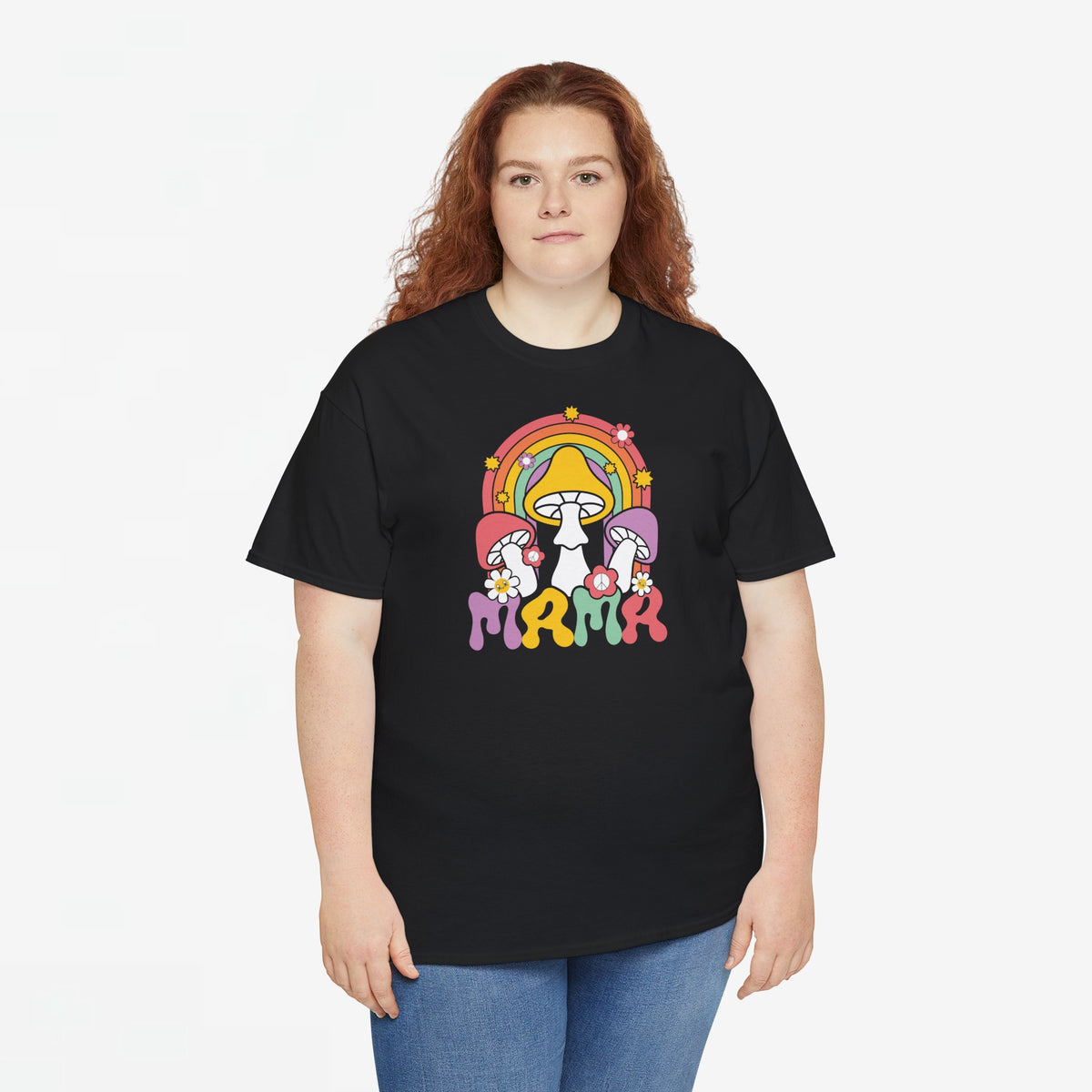 Oversized zwarte T-shirt met regenboog-paddenstoelprint op de borst