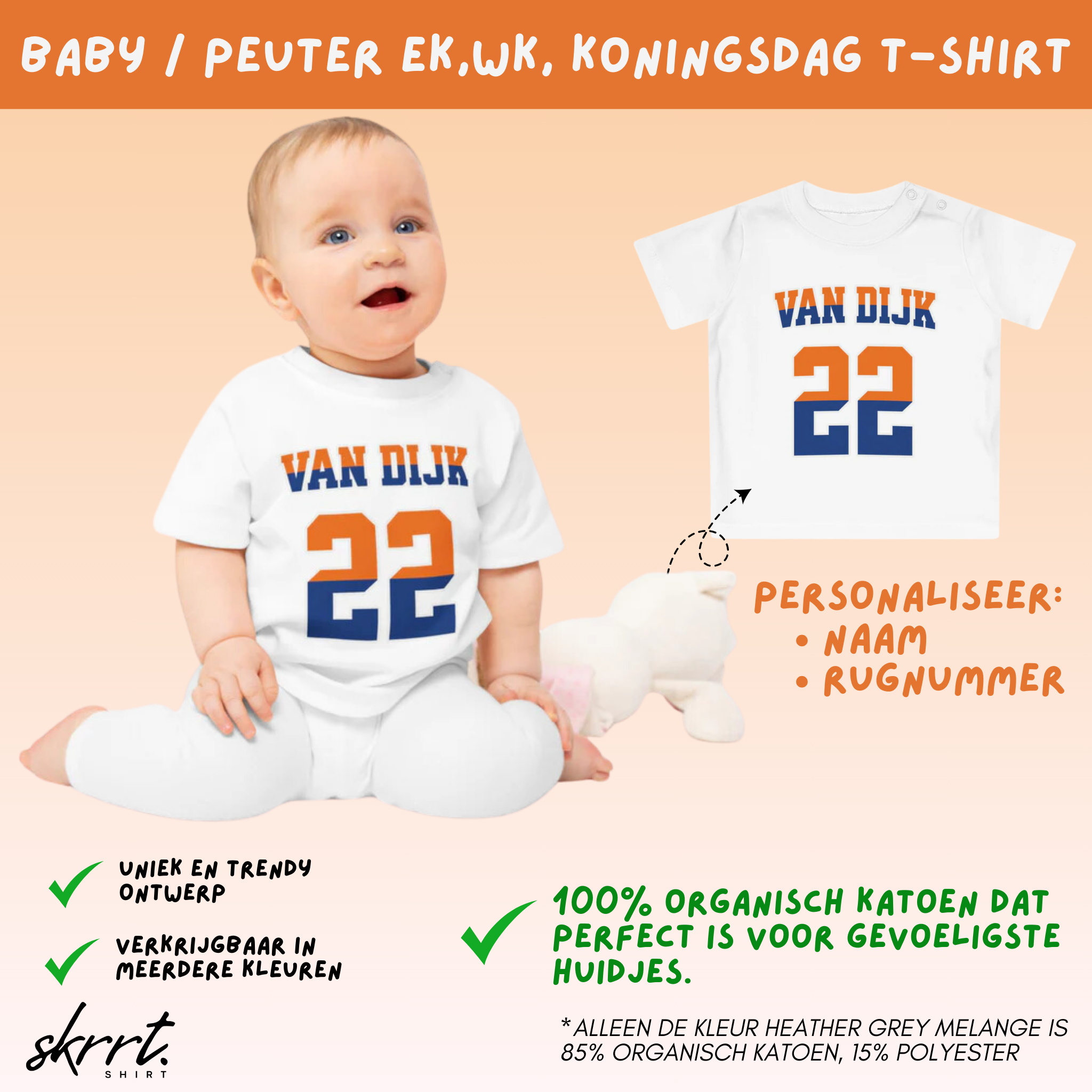 Baby T-shirt voor EK, WK en Koningsdag - Personaliseer met Naam & Rugnummer - oranje en blauwe tekst (Voorkant)