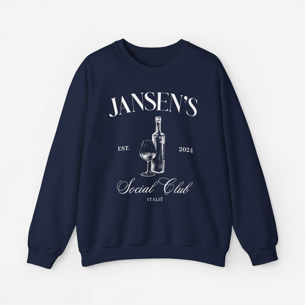 Navy sweater met ronde hals en opdruk van fles en wijnglas op de borst
