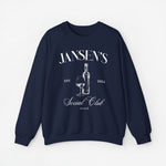 Navy sweater met ronde hals en opdruk van fles en wijnglas op de borst