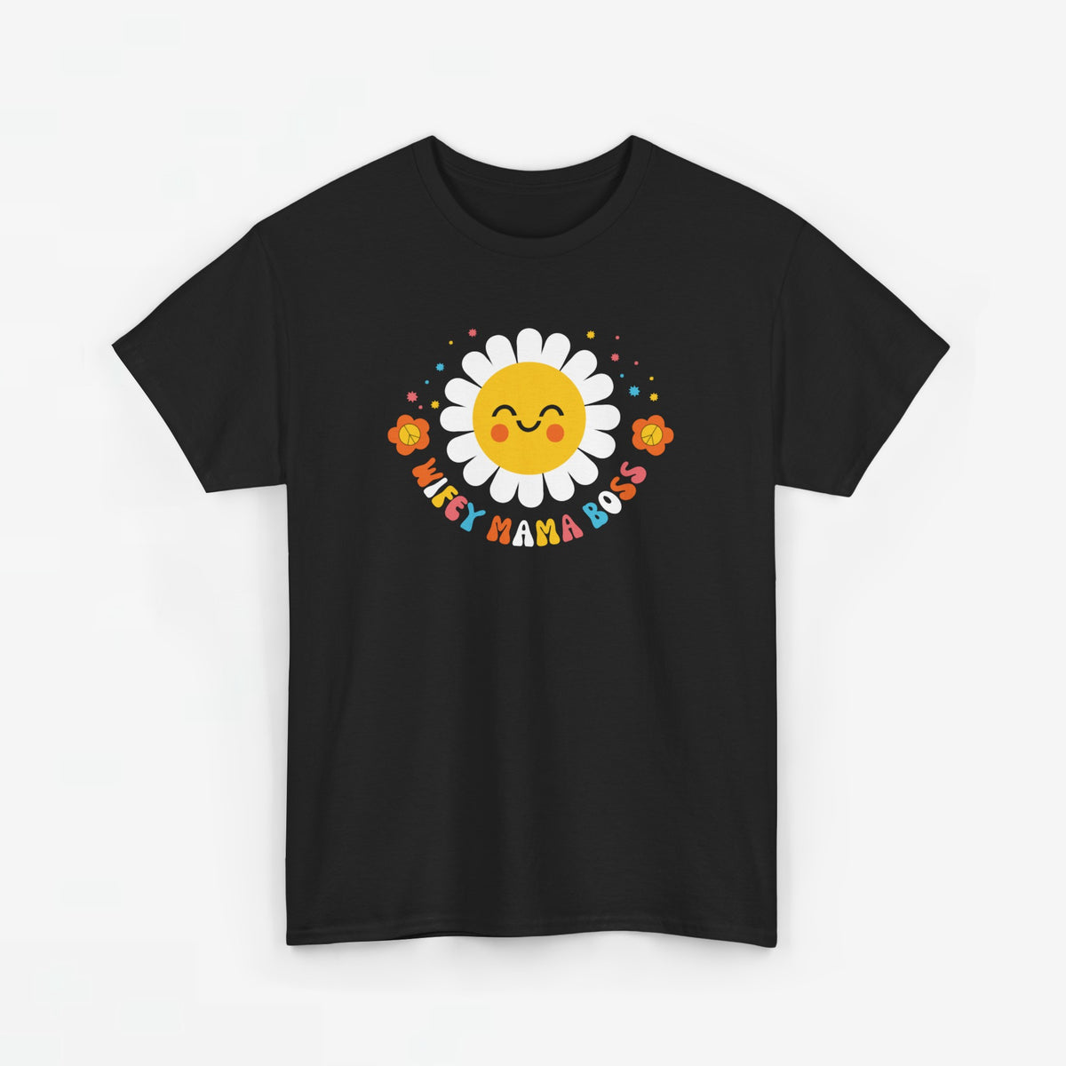 Zwarte T-shirt met ronde zonprint en kleurrijke tekst rondom