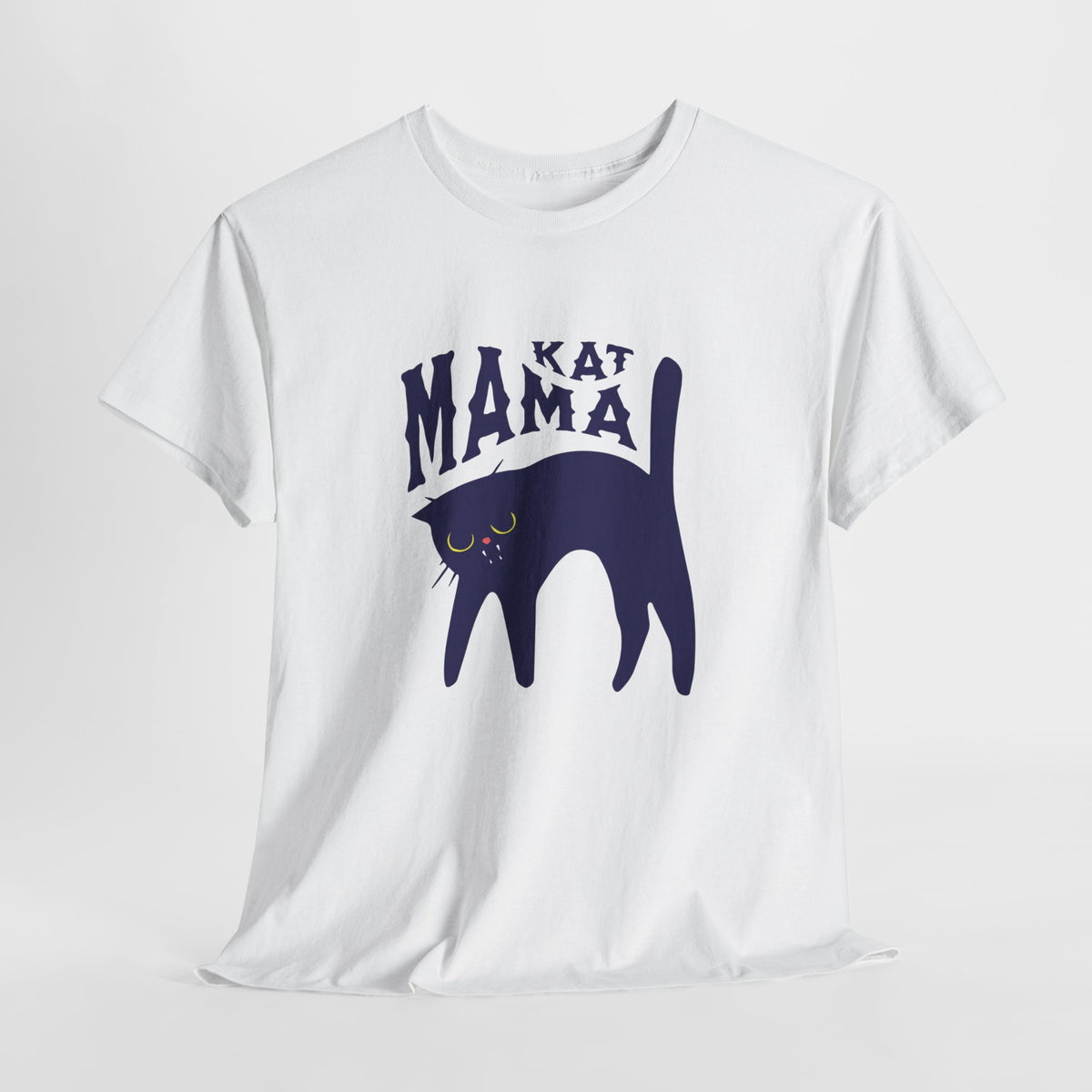Witte T-shirt met donkerblauwe kattenprint en tekst "KAT MAMA"