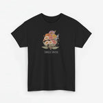 Zwarte T-shirt met bloemenboeketprint en 'Familie Jansen' in witte letters
