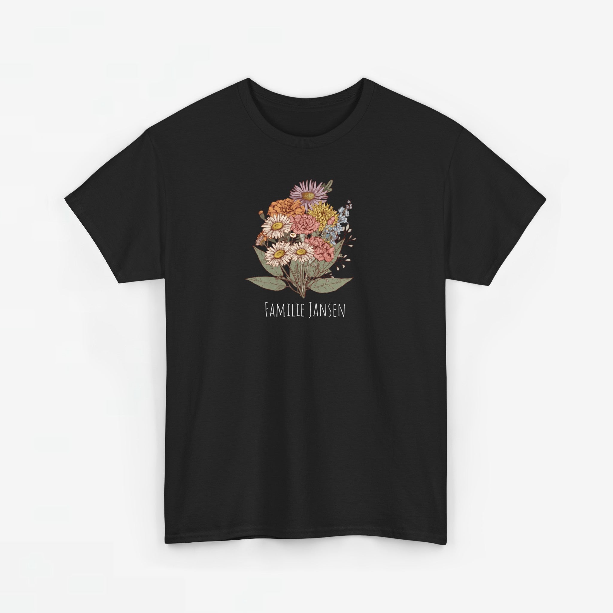 Gepersonaliseerde Moederdag Mama Cadeau - T-shirt - Familie Bloemen boeket met geboortemaand bloemen (witte tekst)