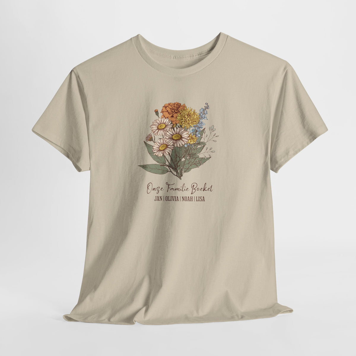 Zandkleurig T-shirt met bloemenboeketprint op de borst en kleine tekst