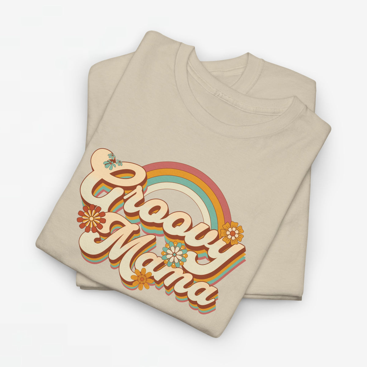 Zandkleurige oversized t-shirt met ronde hals en regenboog 'Groovy Mama' print