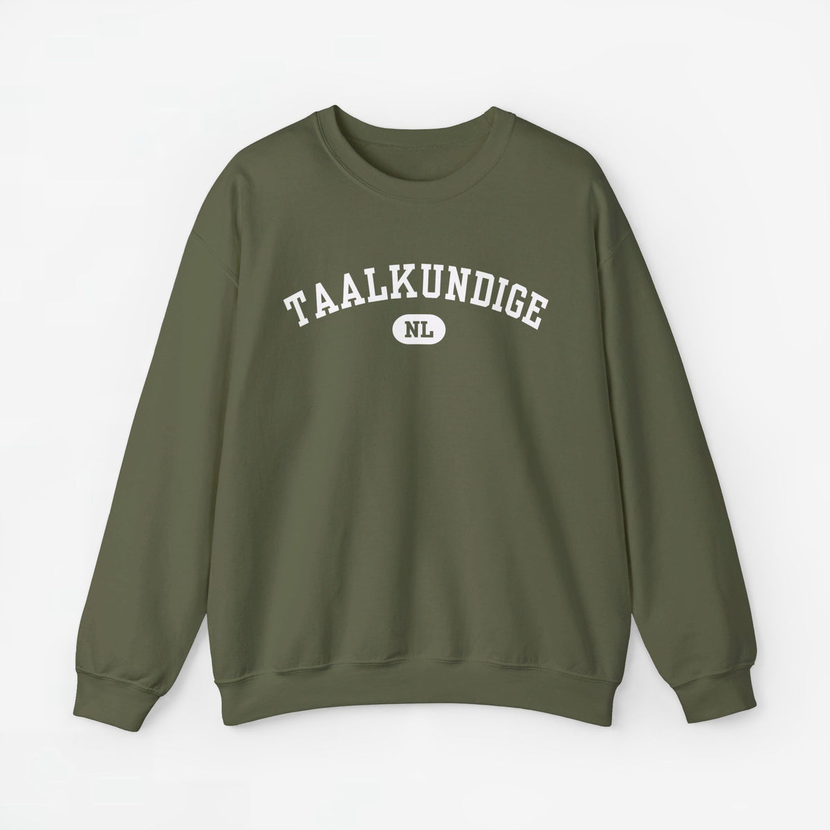 Taalkundige trui met borstprint TAALKUNDIGE en NL-logo, legergroen