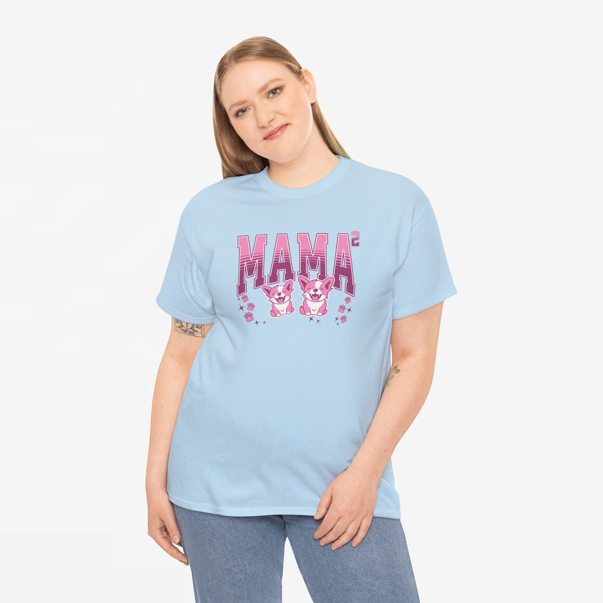 Lichtblauwe T-shirt met roze opdruk 'Mama' en twee hondjes, ronde hals