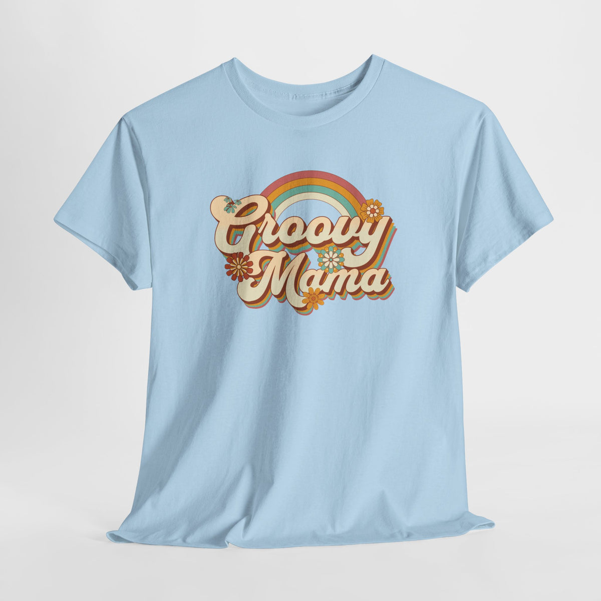 Lichtblauwe T-shirt met ronde hals en 'Groovy Mama' regenboogprint
