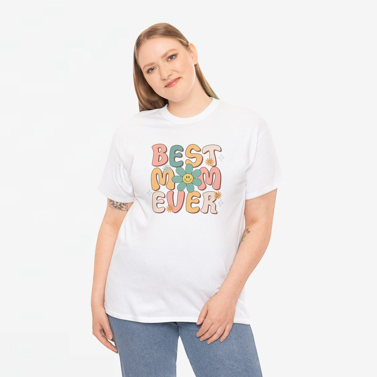 Witte oversized T-shirt met 'BEST EVER' print en bloemenmotief