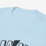 Lichtblauwe T-shirt met ronde hals en MA*MA-opdruk, close-up