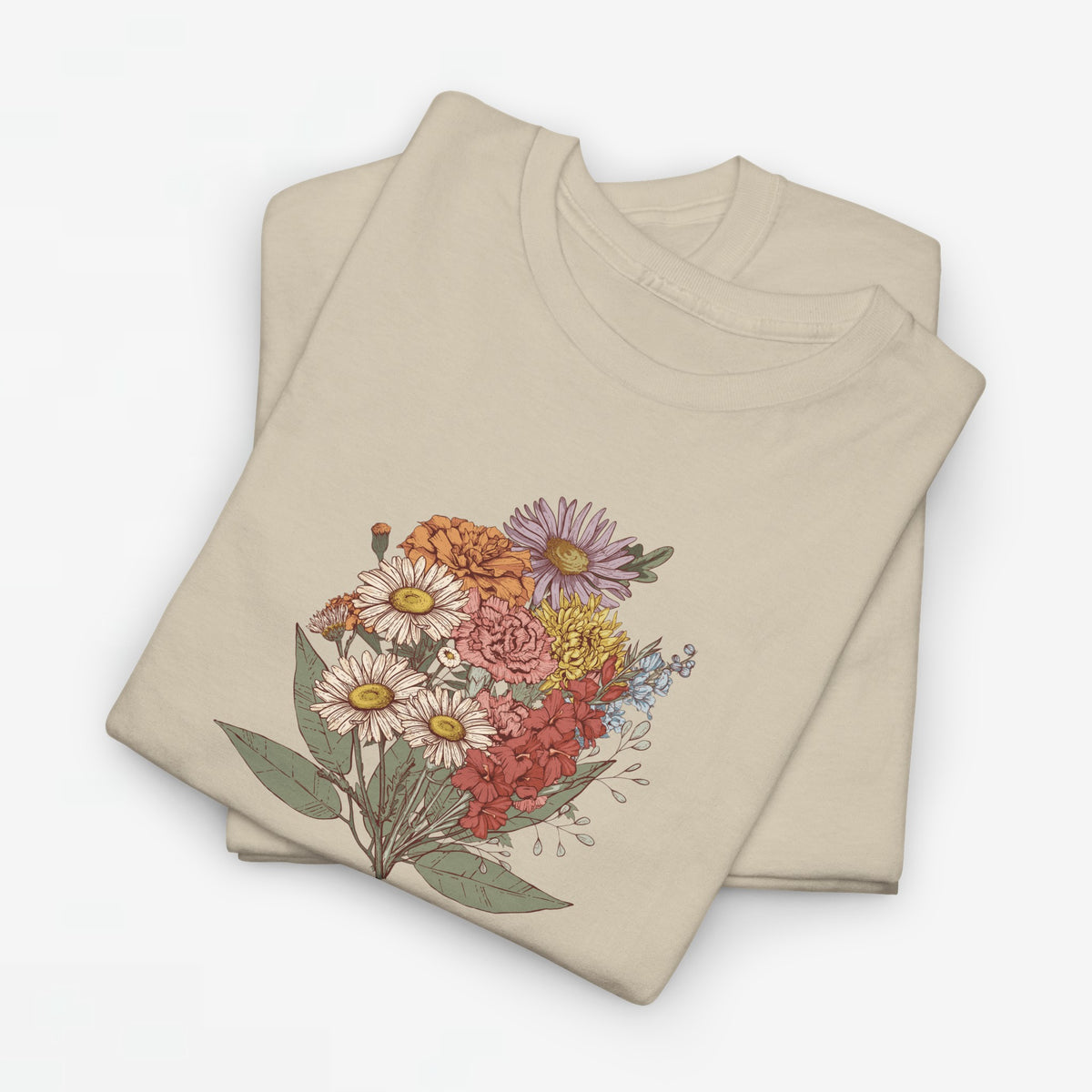 Beige T-shirt met grote bloemenboeket-print op de voorkant