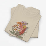 Beige T-shirt met grote bloemenboeket-print op de voorkant