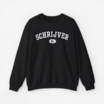 Zwarte sweater met ronde hals en borstprint “SCHRIJVER” met NL-badge