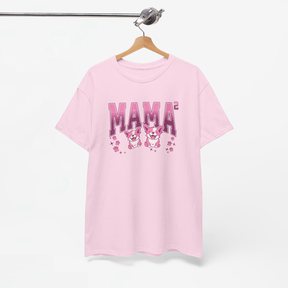 Lichtroze t-shirt met opdruk 'MAMA' en twee hondjes, ronde hals