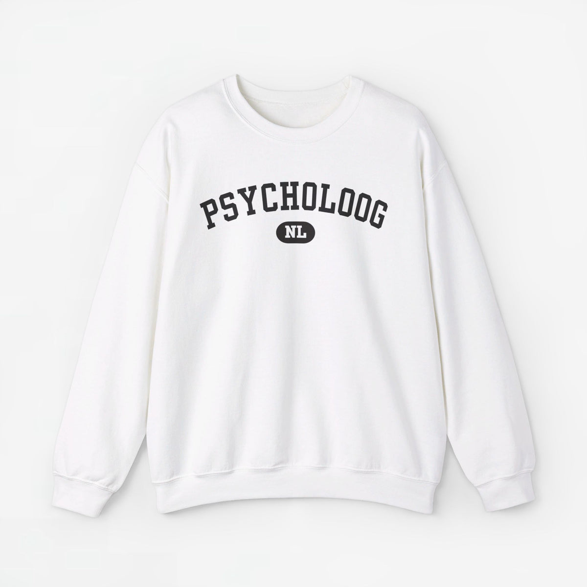 Witte sweater met ronde hals en PSYCHOLOGOOG NL-print op de borst