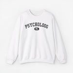 Witte sweater met ronde hals en PSYCHOLOGOOG NL-print op de borst