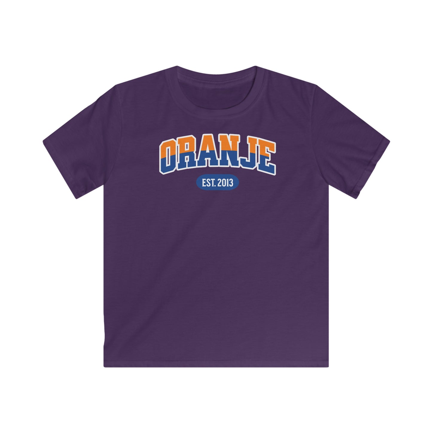 Kind Voetbal T-shirt - EK, WK en Koningsdag Kinderkleding - Personaliseer met Naam, Jaar & Rugnummer - ORANJE  (oranje en blauwe tekst)