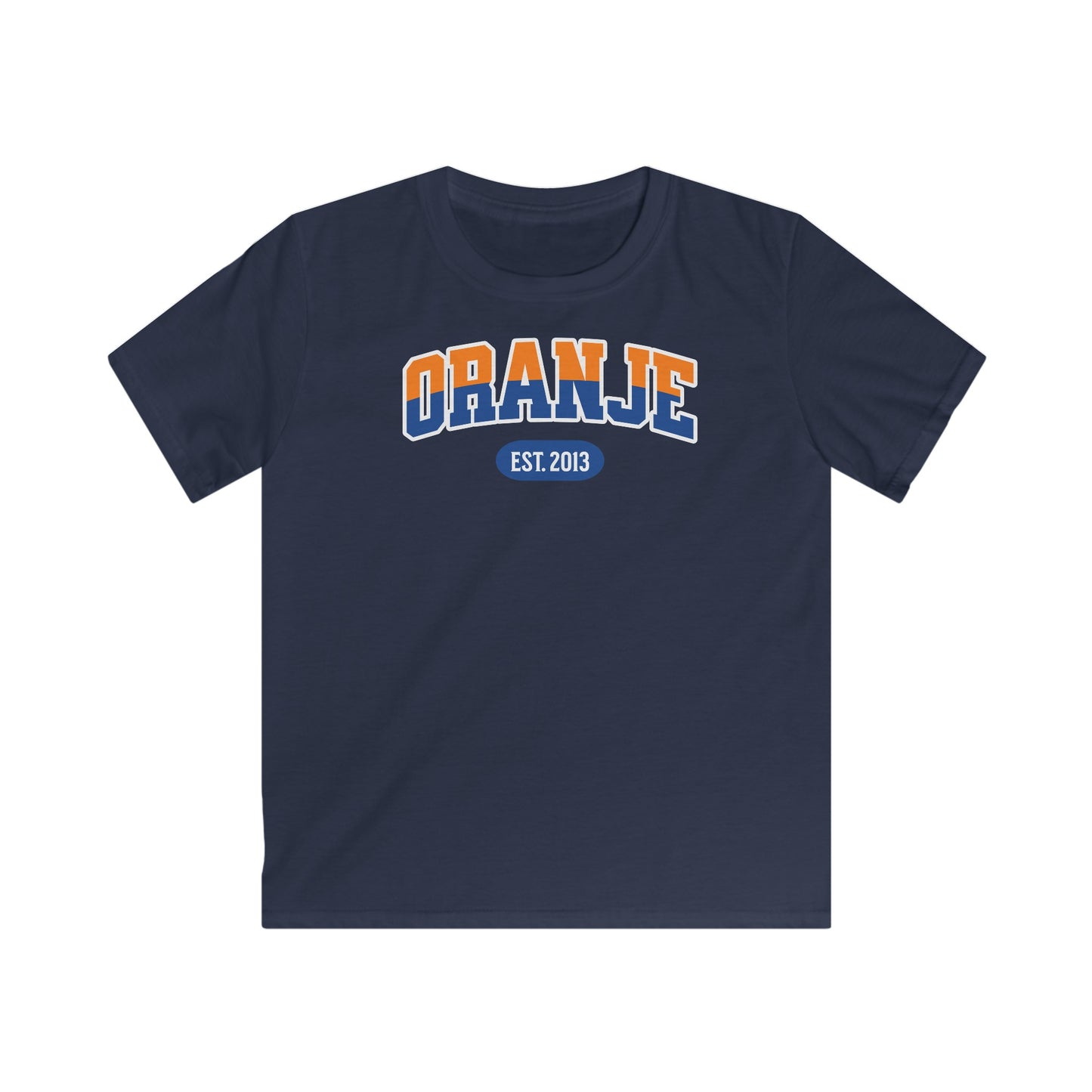 Kind Voetbal T-shirt - EK, WK en Koningsdag Kinderkleding - Personaliseer met Naam, Jaar & Rugnummer - ORANJE  (oranje en blauwe tekst)