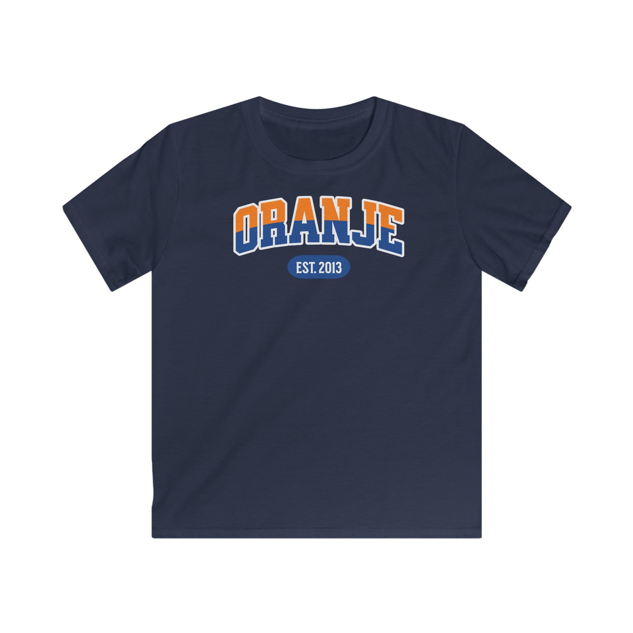 Kind Voetbal T-shirt - EK, WK en Koningsdag Kinderkleding - Personaliseer met Naam, Jaar & Rugnummer - ORANJE  (oranje en blauwe tekst)