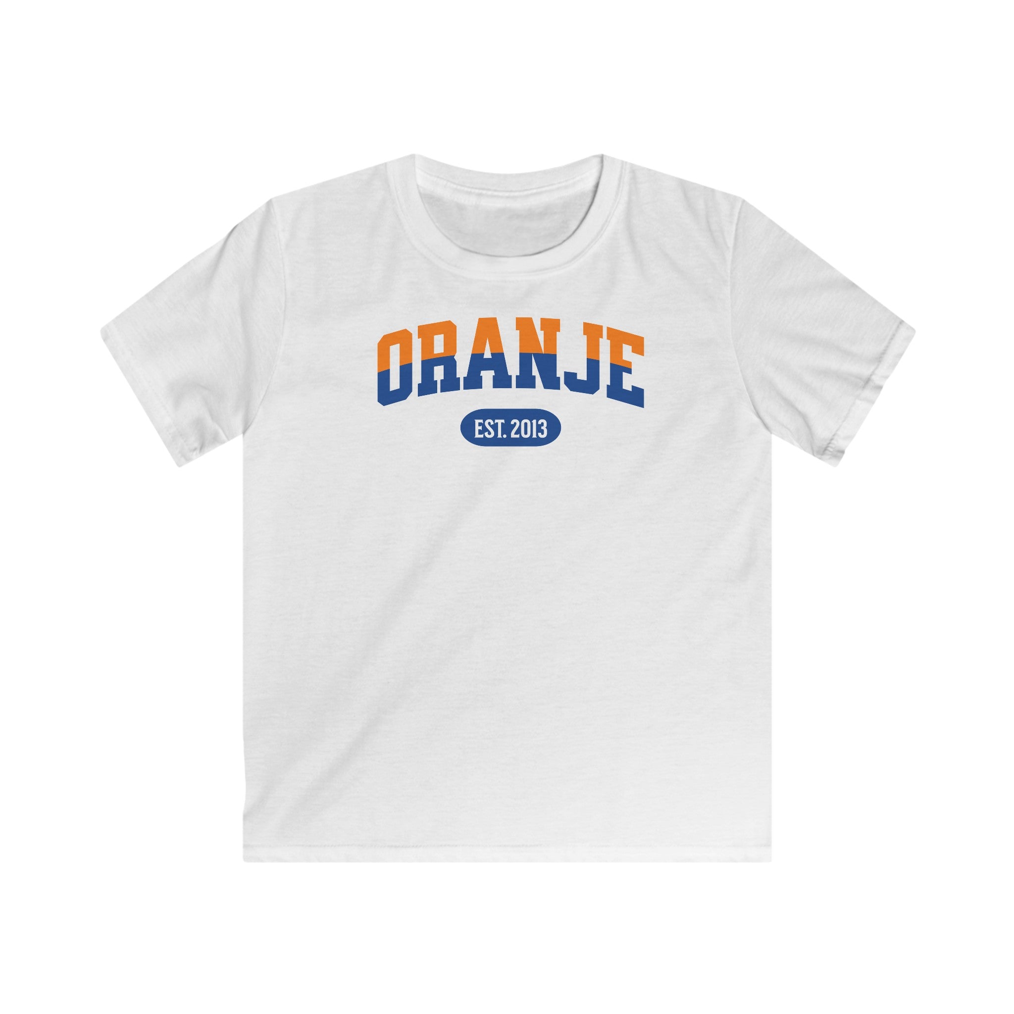 Kind Voetbal T-shirt - EK, WK en Koningsdag Kinderkleding - Personaliseer met Naam, Jaar & Rugnummer - ORANJE  (oranje en blauwe tekst)