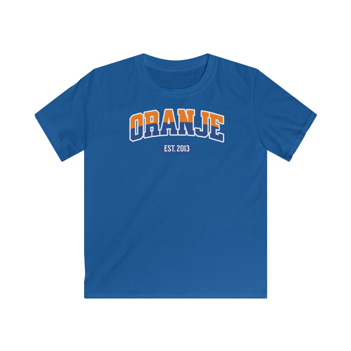 Kind Voetbal T-shirt - EK, WK en Koningsdag Kinderkleding - Personaliseer met Naam, Jaar & Rugnummer - ORANJE  (oranje en blauwe tekst)