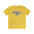 Kind Voetbal T-shirt - EK, WK en Koningsdag Kinderkleding - Personaliseer met Naam, Jaar & Rugnummer - ORANJE  (oranje en blauwe tekst)