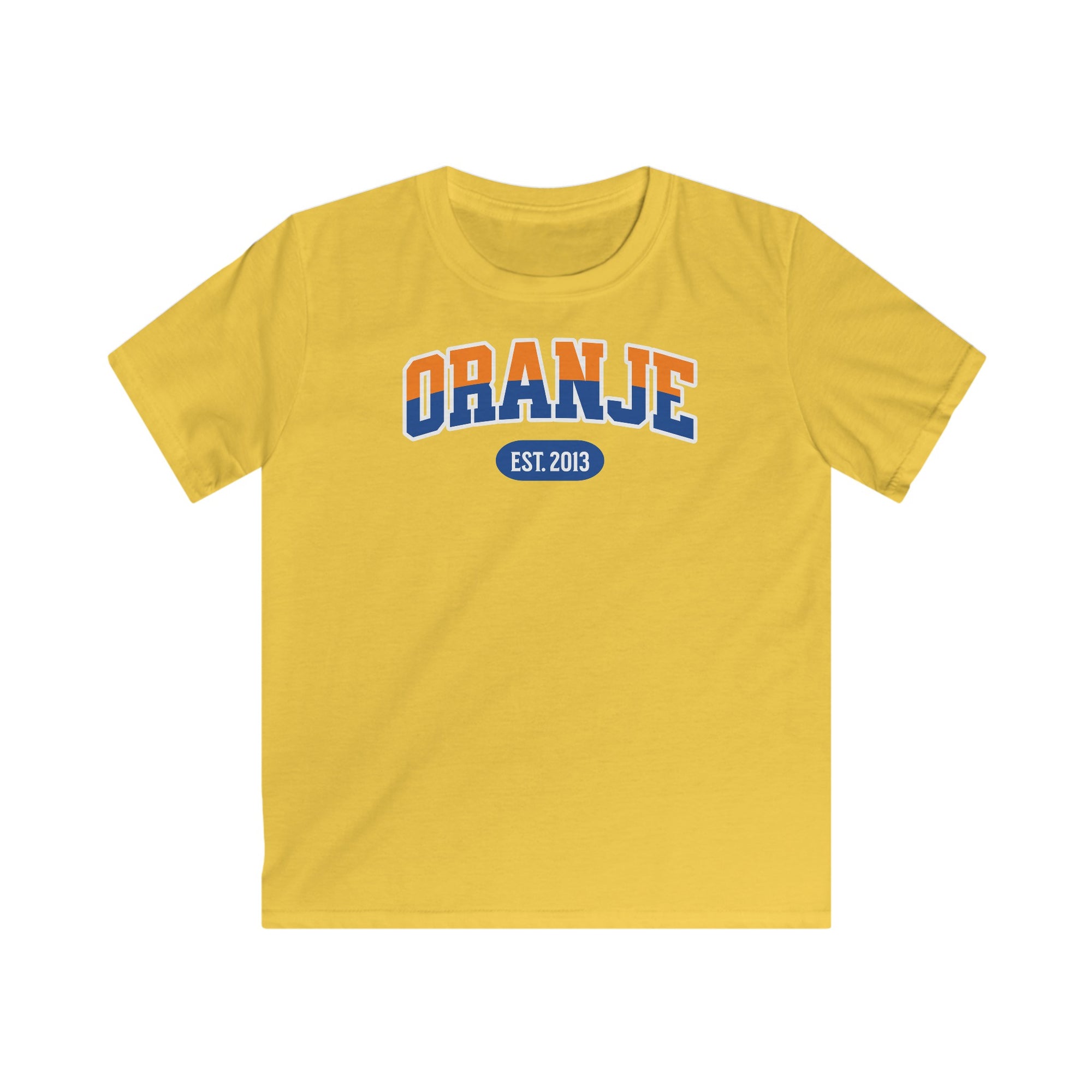 Kind Voetbal T-shirt - EK, WK en Koningsdag Kinderkleding - Personaliseer met Naam, Jaar & Rugnummer - ORANJE  (oranje en blauwe tekst)