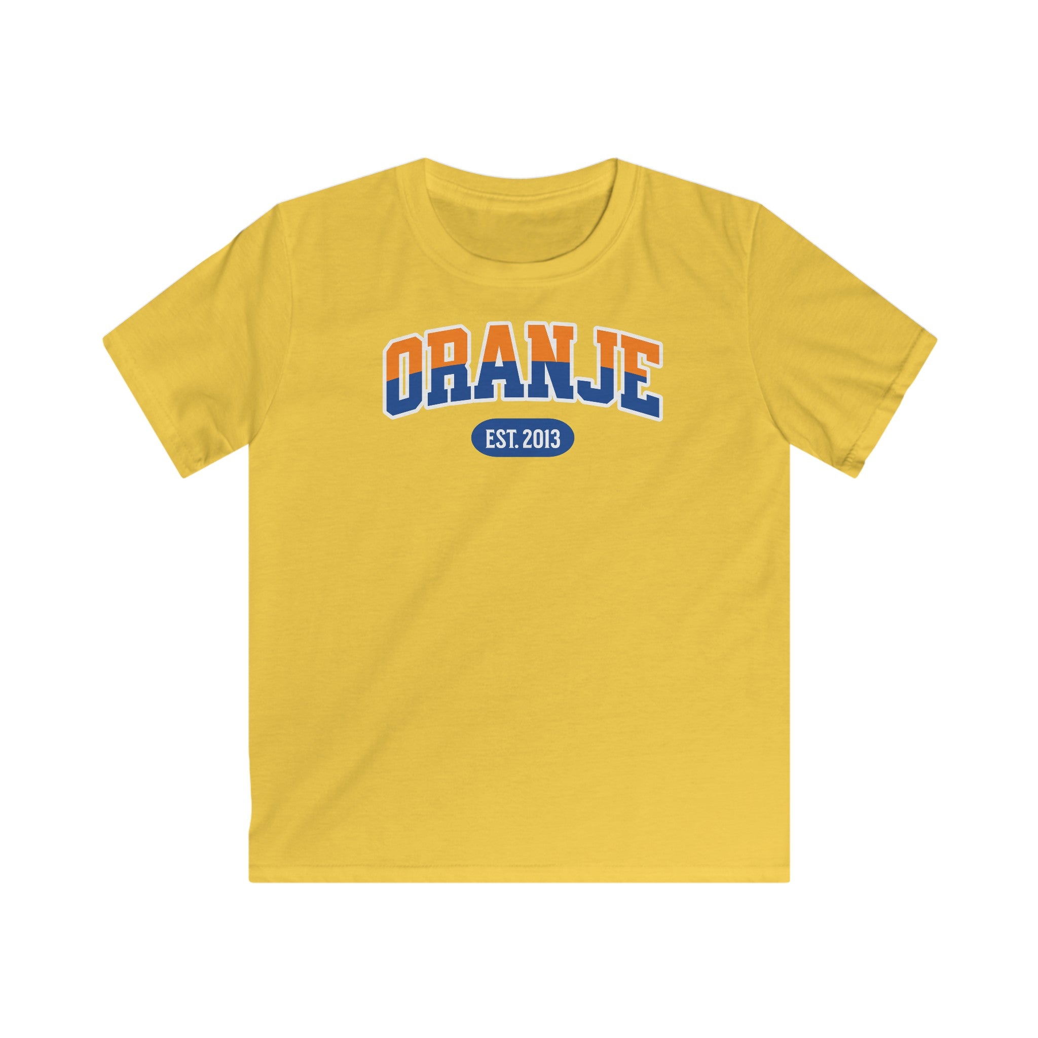 Kind Voetbal T-shirt - EK, WK en Koningsdag Kinderkleding - Personaliseer met Naam, Jaar & Rugnummer - ORANJE  (oranje en blauwe tekst)