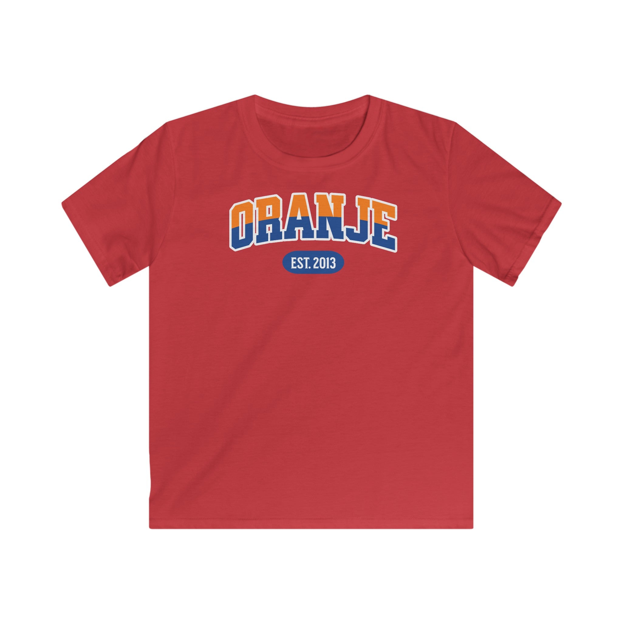 Kind Voetbal T-shirt - EK, WK en Koningsdag Kinderkleding - Personaliseer met Naam, Jaar & Rugnummer - ORANJE  (oranje en blauwe tekst)