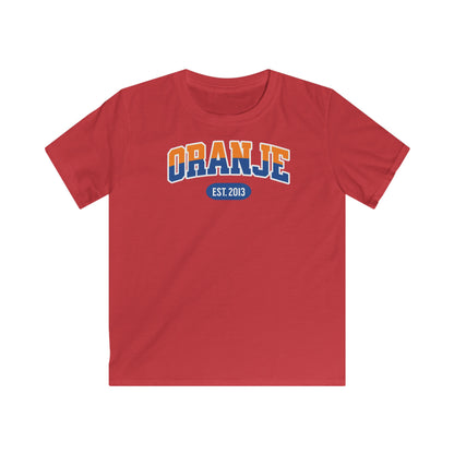 Kind Voetbal T-shirt - EK, WK en Koningsdag Kinderkleding - Personaliseer met Naam, Jaar & Rugnummer - ORANJE  (oranje en blauwe tekst)