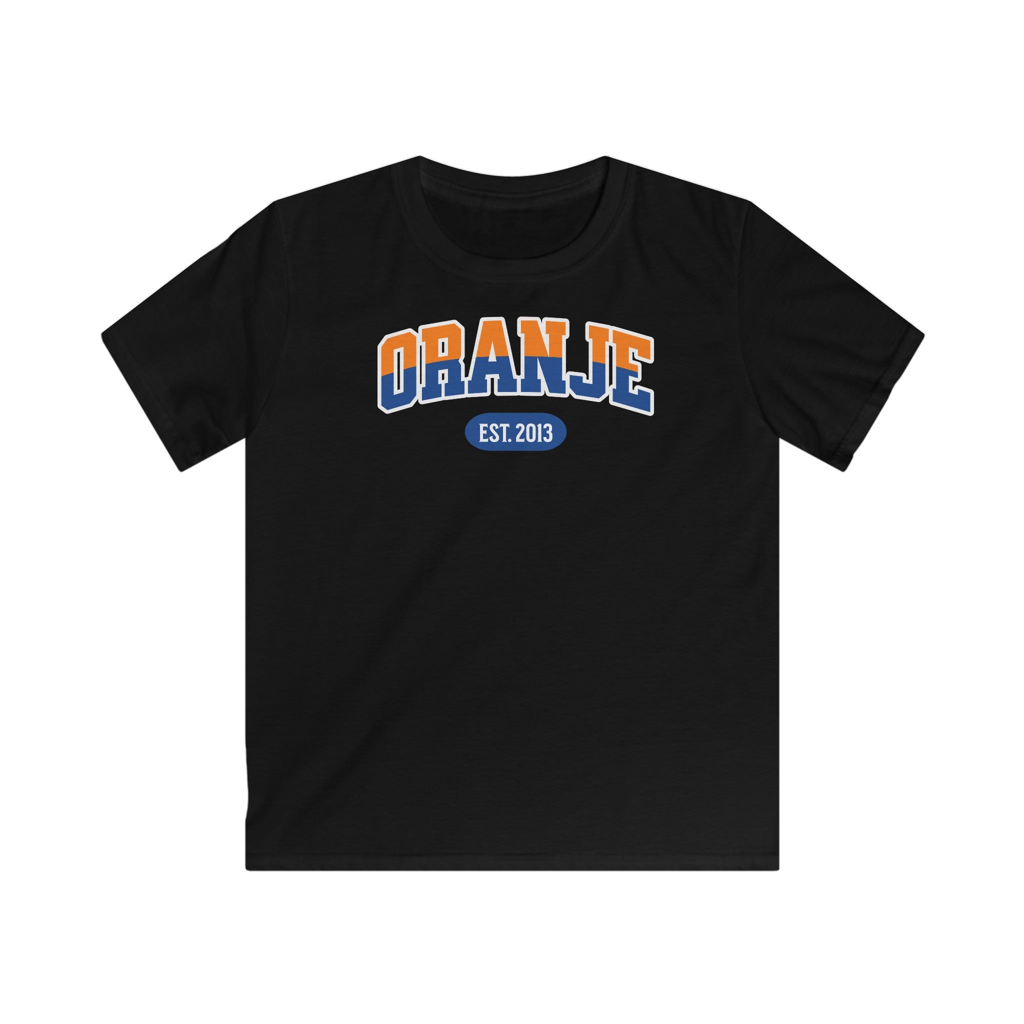 Kind Voetbal T-shirt - EK, WK en Koningsdag Kinderkleding - Personaliseer met Naam, Jaar & Rugnummer - ORANJE  (oranje en blauwe tekst)