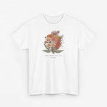 Wit T-shirt met bloemenboeket-print met namen en datum in pasteltinten op de borst