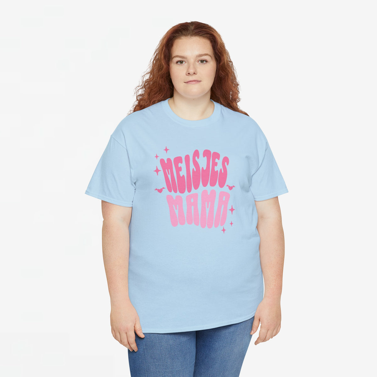 Lichtblauw meisjes T-shirt met roze tekstprint, ronde hals