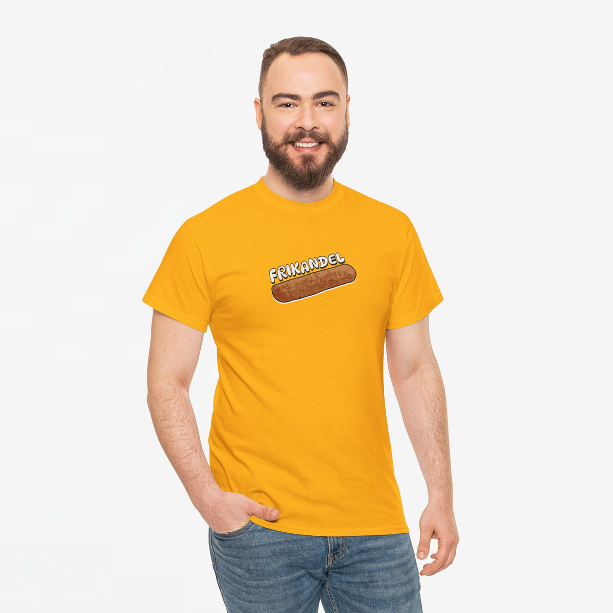 Oranje oversized T-shirt met Frikandel-frontprint, rechte pasvorm