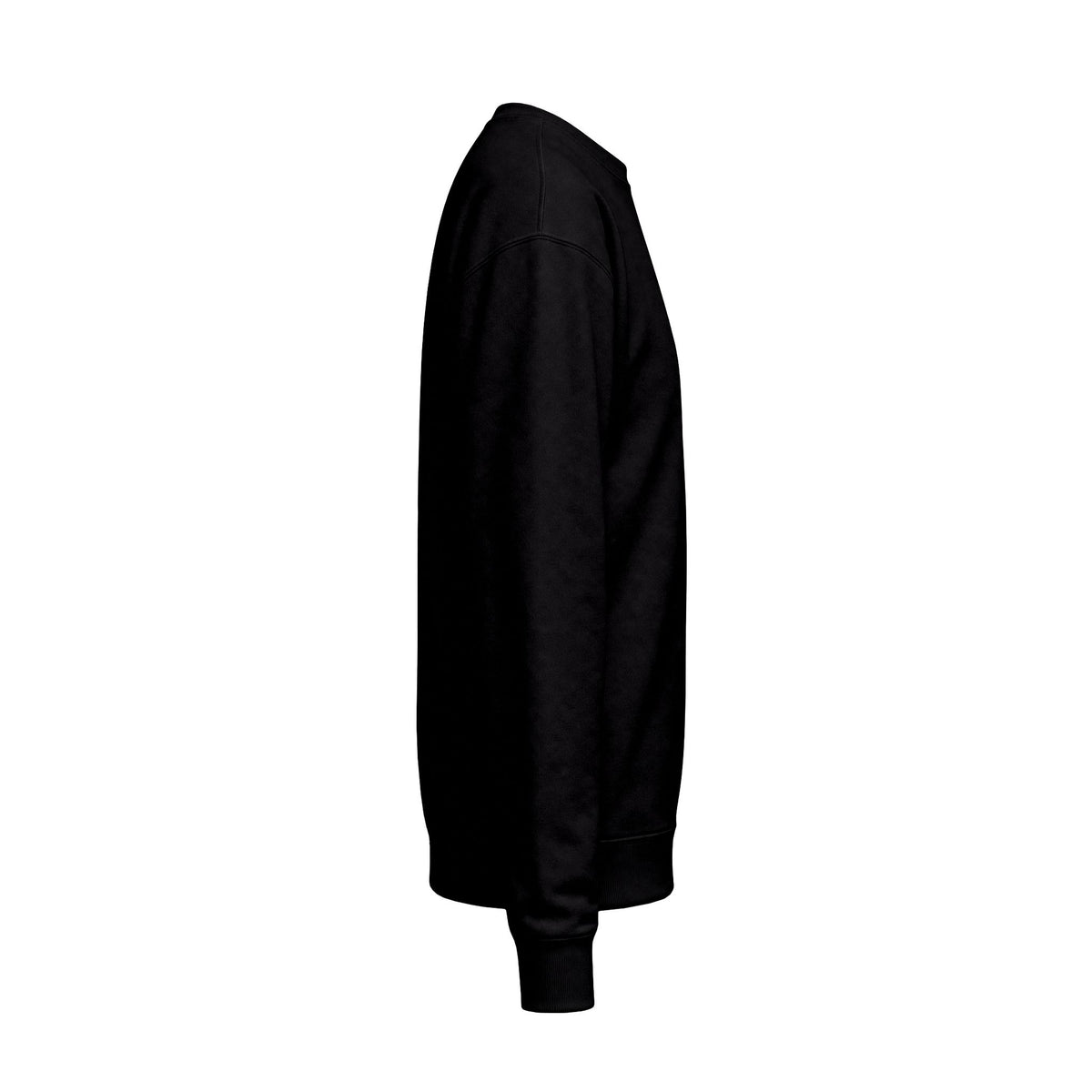 Zwarte varsity sweater, andere zijde; ronde hals en geribde boorden
