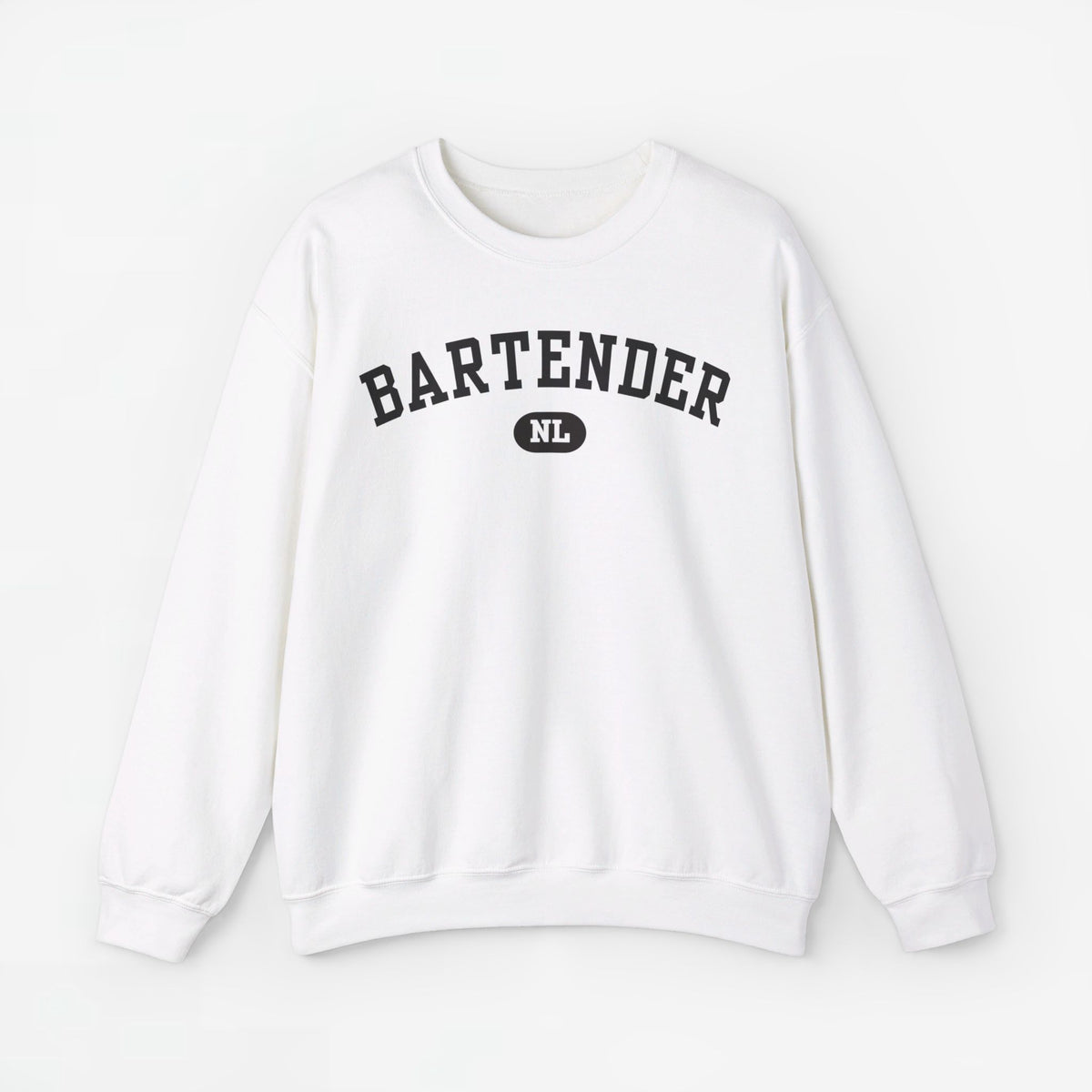 Witte trui met ronde hals en BARTENDER-print met klein NL-logo