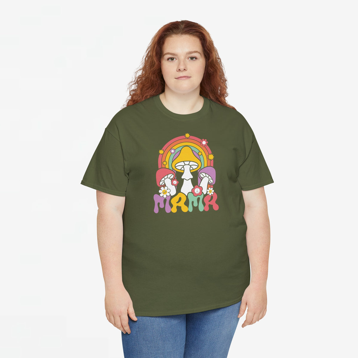 Oversized t-shirt legergroen met regenboog-paddenstoelprint, bloemen op borst