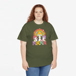 Oversized t-shirt legergroen met regenboog-paddenstoelprint, bloemen op borst