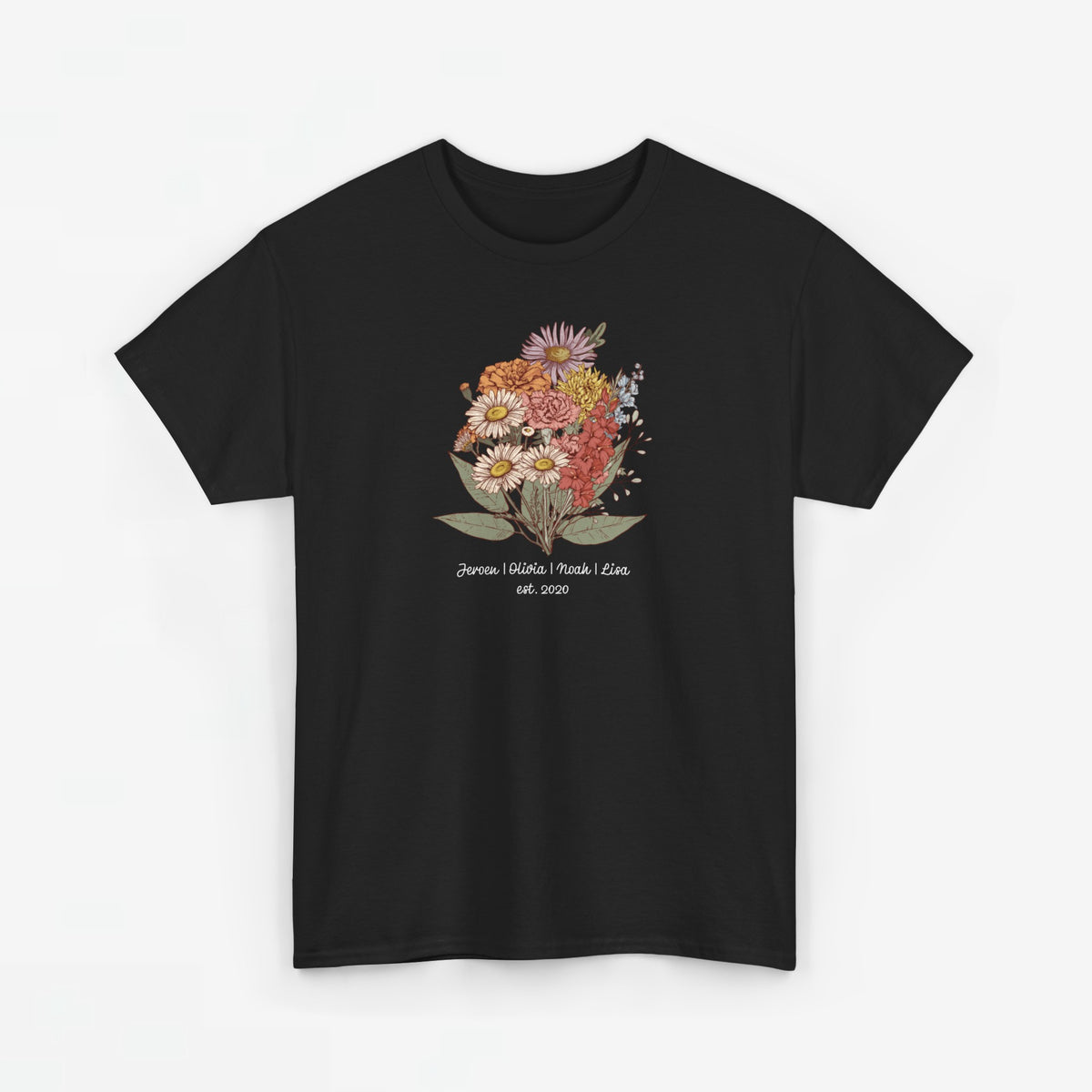 Zwart T-shirt met bloemenboeketprint en gepersonaliseerde tekst