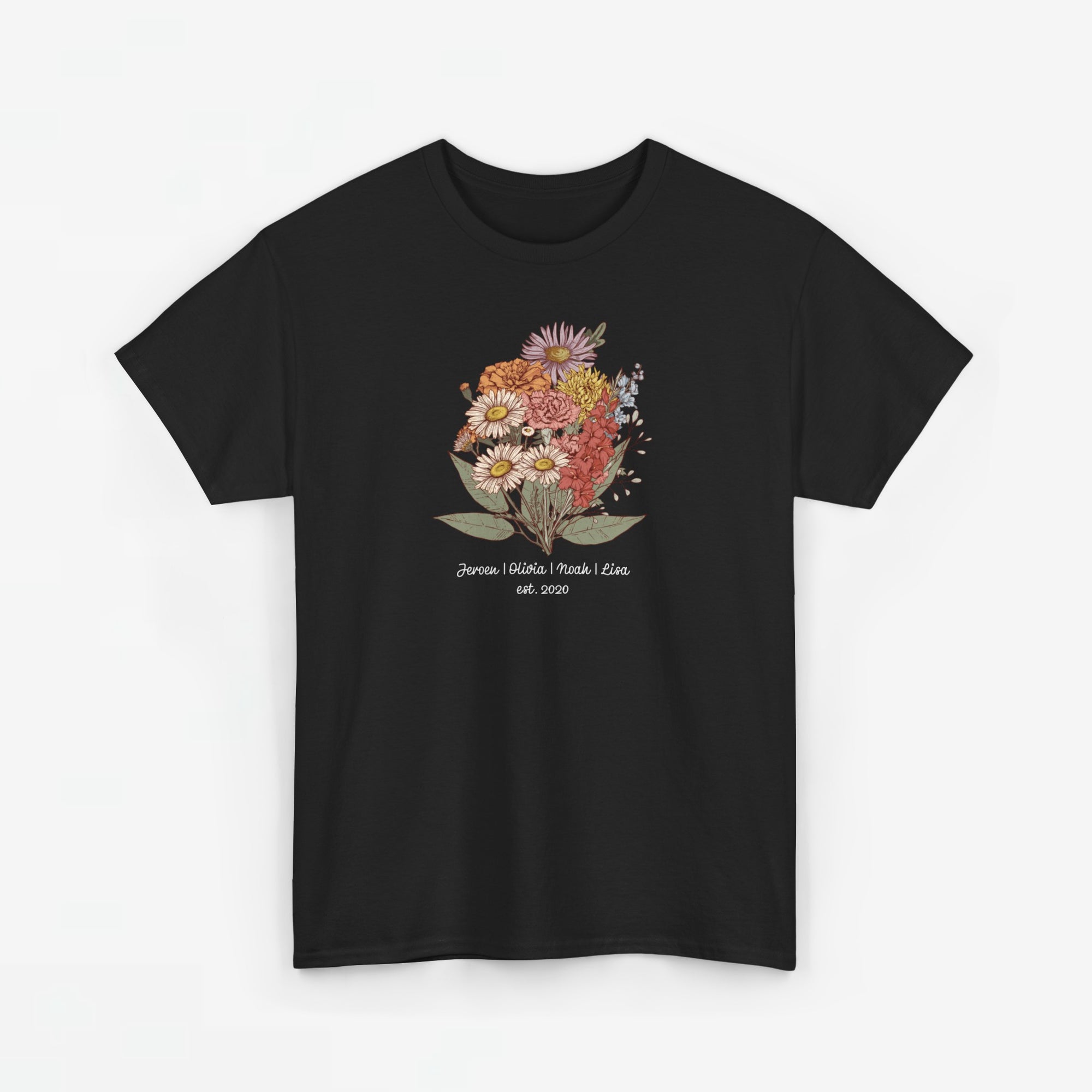 Gepersonaliseerde Moederdag Mama Cadeau - T-shirt - Familie Bloemen boeket met namen - EST [JAAR] (witte tekst) Ver.2