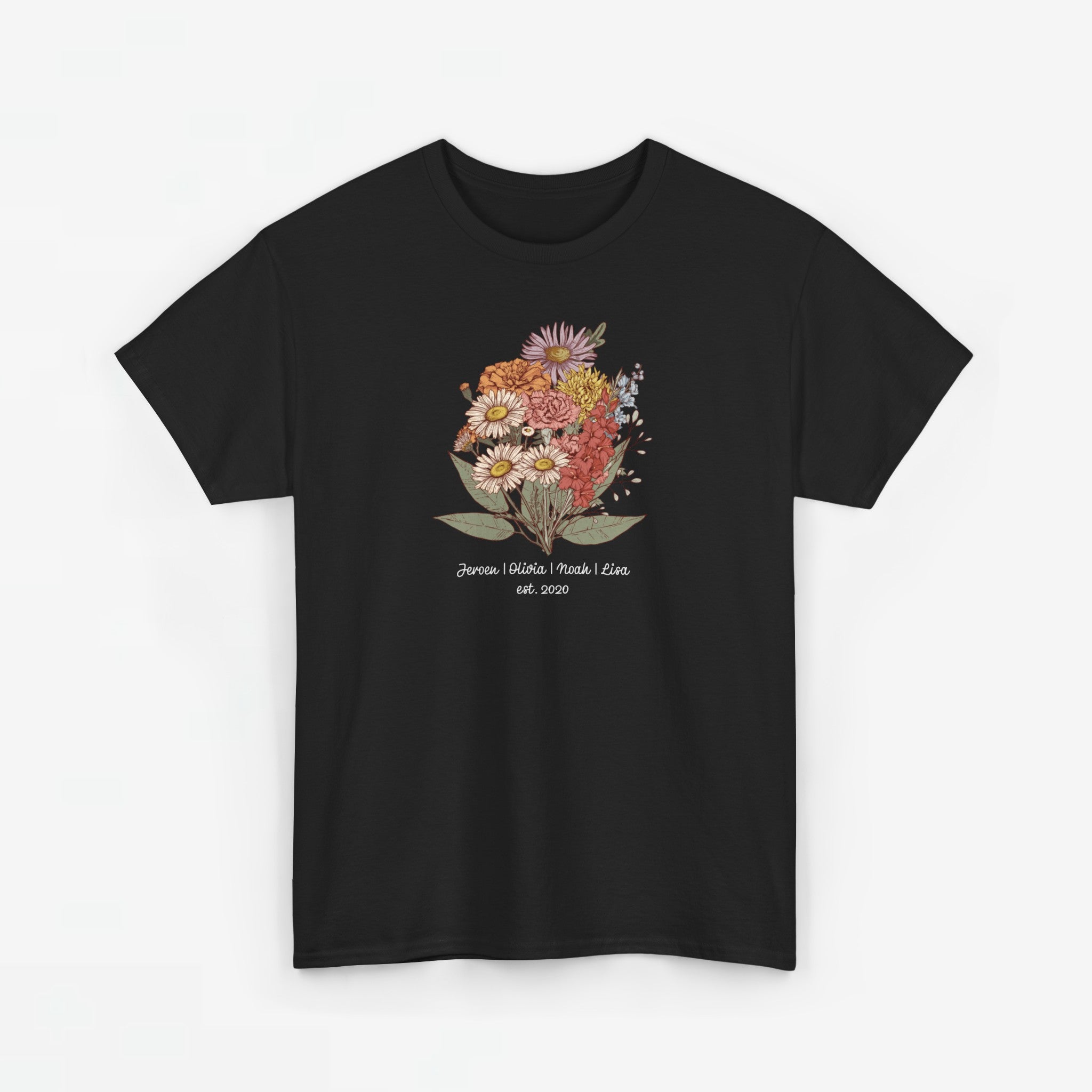 Gepersonaliseerde Moederdag Mama Cadeau - T-shirt - Familie Bloemen boeket met namen - EST [JAAR] (witte tekst) Ver.2