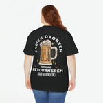 Zwart oversized dames t-shirt met grote biermok-print en tekst op de achterkant