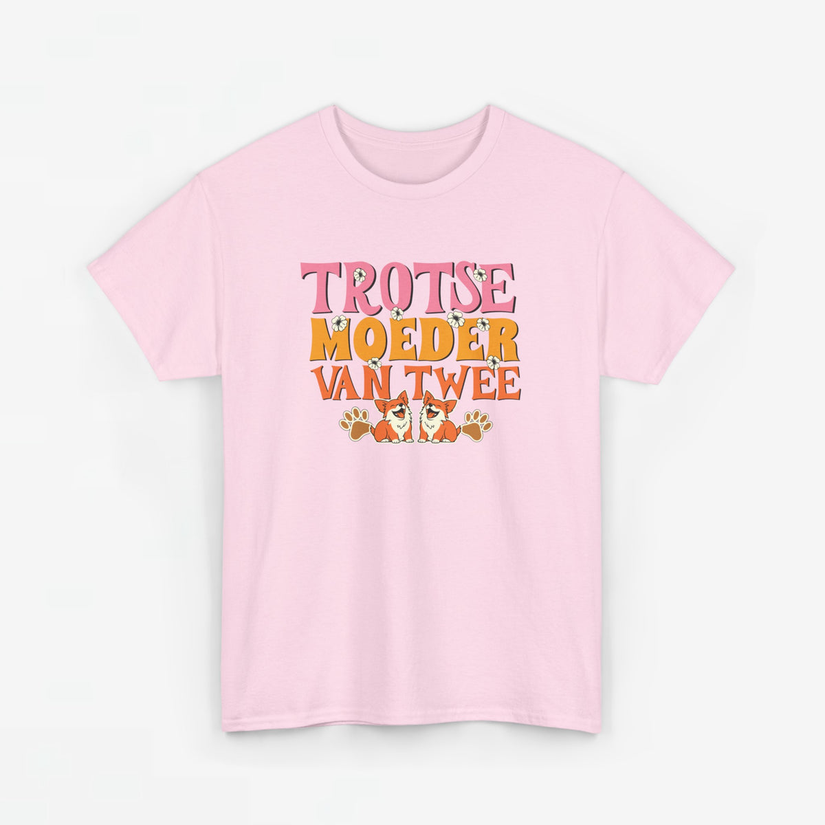 Roze T-shirt met ronde hals en gekleurde borstprint 'Trots(e) moeder van twee'