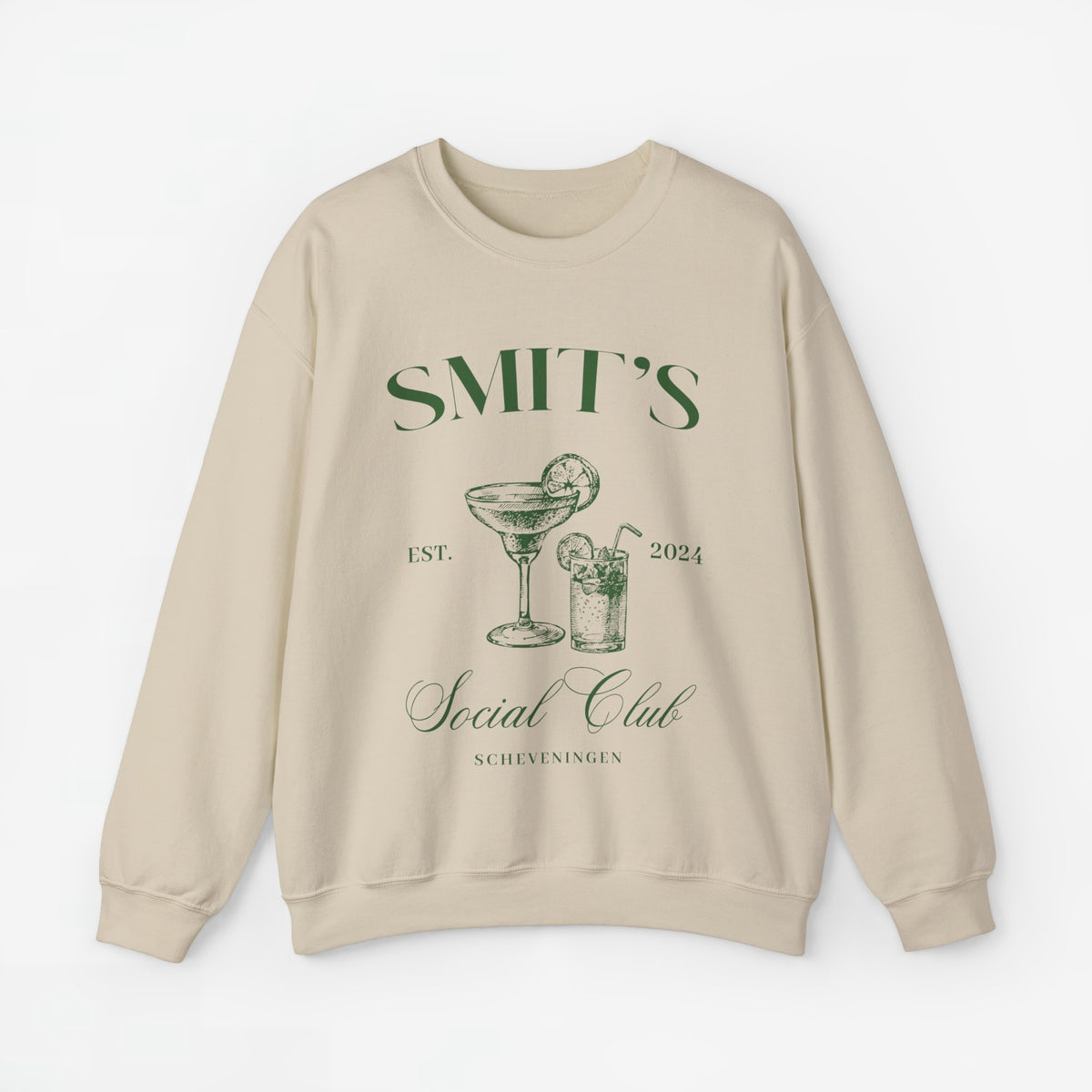 Beige sweatshirt met ronde hals en print van bekers en tekst op de borst.