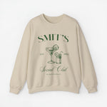 Beige sweatshirt met ronde hals en print van bekers en tekst op de borst.