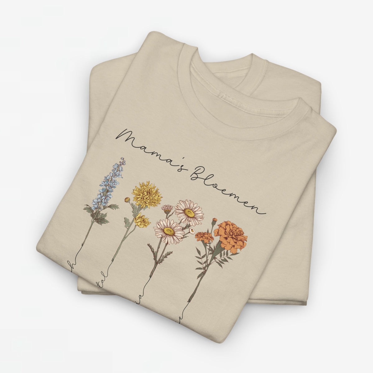 Zandkleurig T-shirt met bloemenprint en sierlijke tekst Mama’s Bloemen